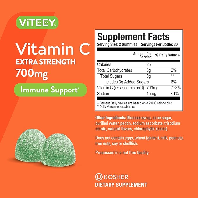 Vitamin C Gummies for Adults & Teens, 700mg Extra Strength - Immune Support Gummies - Immune Booster - Vegan, Gelatin Free, Gluten Free - Tasty Vitamin C Chewable Sour Apple Flavored Gummy