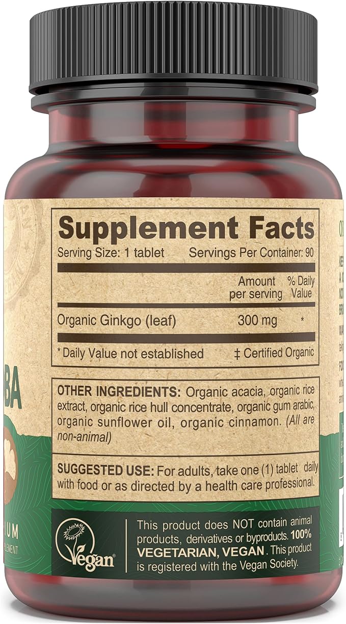 DEVA Vegan Ginkgo Biloba Dietary Supplement, USDA Organic, Vegan Society Certified, Easy-to-Swallow Tiny Tablets, 300 mg., 90-Count Bottle