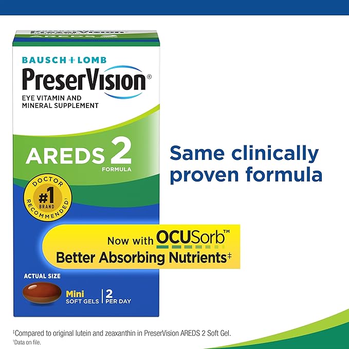 PreserVision AREDS 2 Eye Vitamin & Mineral Supplement with OCUSorb, with Lutein & Zeaxanthin From Bausch + Lomb, 130 Soft Gels (MiniGels)