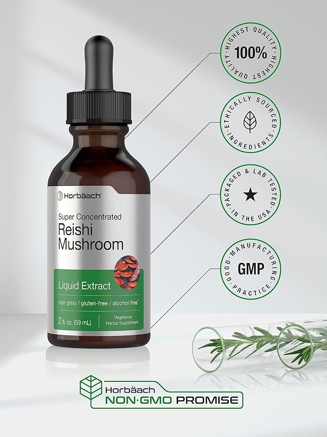 Horbäach Reishi Mushroom Extract Tincture | 2 Fl Oz | Liquid Drops | Ganoderma Lucidum | Vegetarian, Alcohol Free | Non-GMO, Gluten Free Supplement