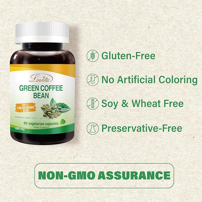 Lovita Green Coffee Bean Extract: Natural Antioxidant, High Potency, 50% Chlorogenic Acid, Vegan-Friendly Dietary Supplement - 60 Capsules