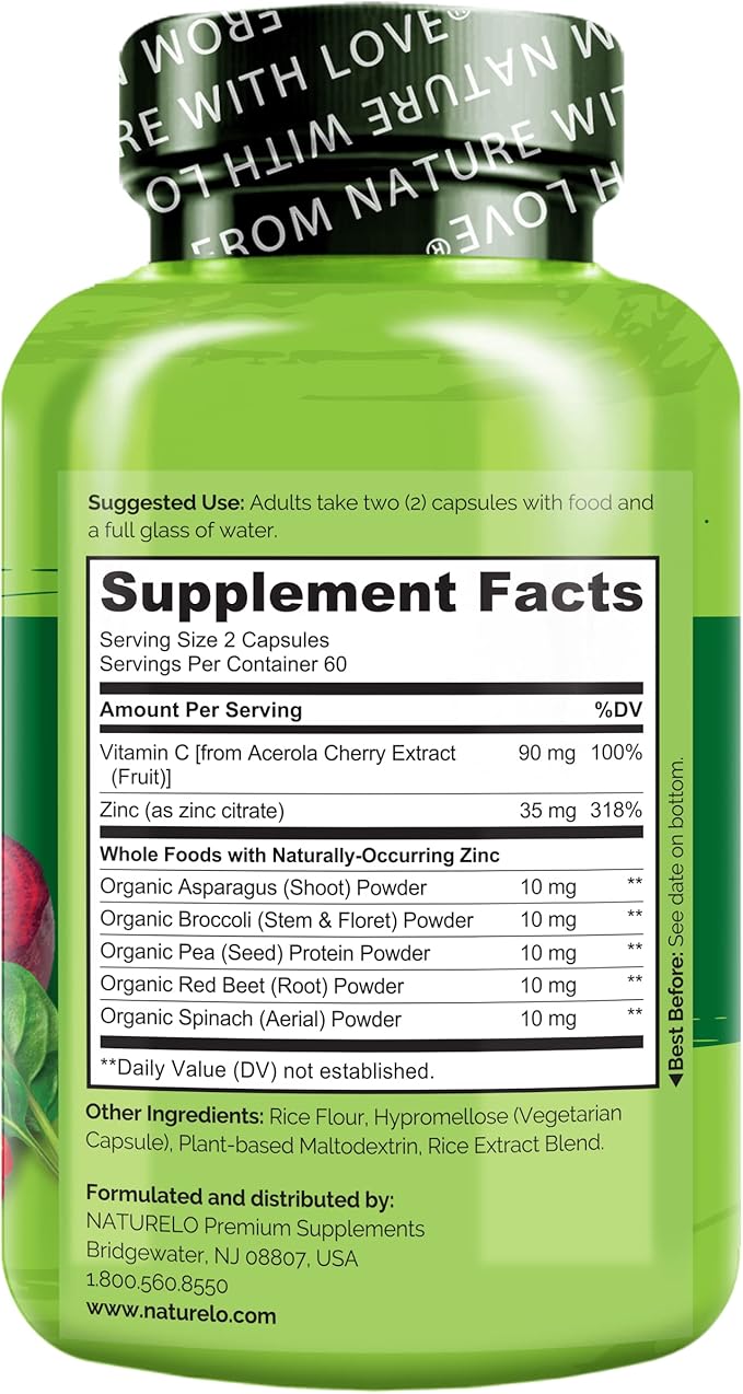 NATURELO Vegan Zinc Immune Support Capsules - Whole Food Complex with Vitamin C for Healthy Skin, Hair, and Nails - 120 Capsules (Pack of 2)