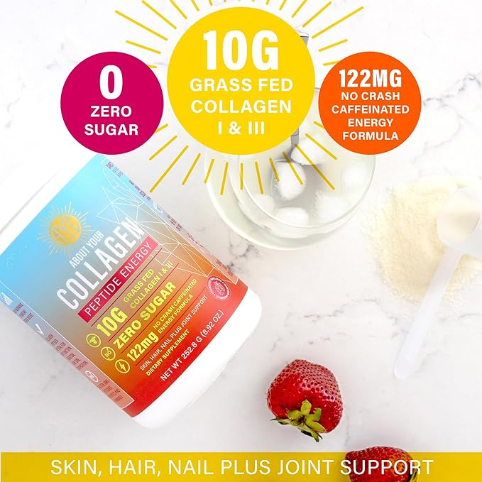 Peptide Energy Collagen Powder Hair, Nail, Skin, Type I & III,Caffeine for Energy, Vitamin C, Biotin, Hyaluronic Acid, Zero Sugar – 8.92 oz (Strawberry Margarita)