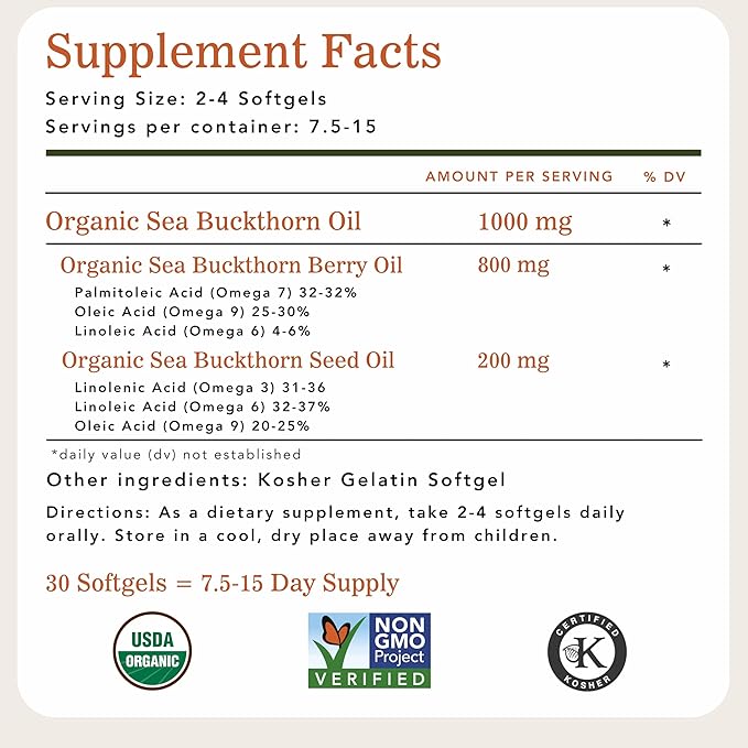 Organic Sea Buckthorn Oil, Omega-7 Complete Softgels, 30 Count, with Omega 3, 6 & 9, Supports Hair, Skin & Nail Health, 1000mg per Serving