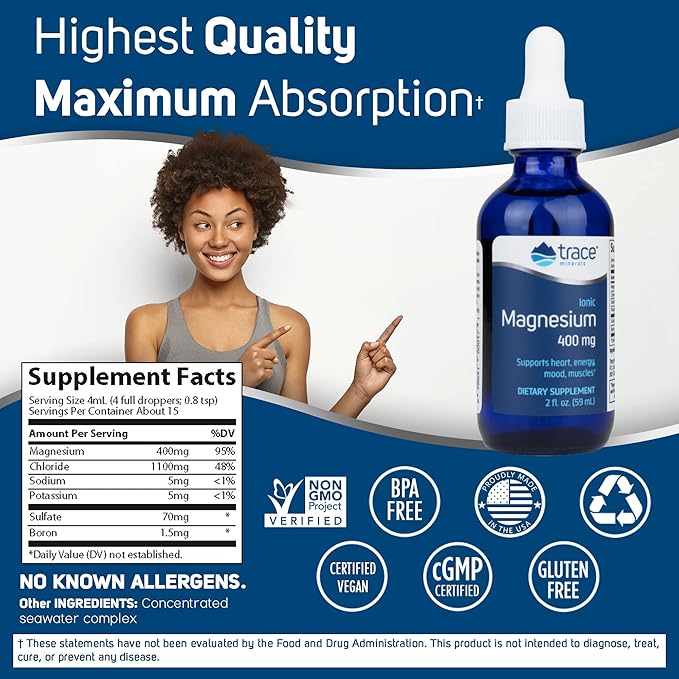 Trace Minerals | Liquid Ionic Magnesium 400 mg | 2 fl oz - Pack of 1 (32 Servings)