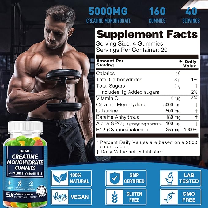 Creatine Monohydrate Gummies for Men and Women 80 Count (Pack of 1)