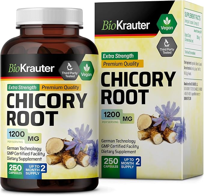 BIO KRAUTER Chicory Fiber Supplement - 1200 mg Strength - 250 Count - Chicory Root Powder - Inulin Capsules for Digestive Support - Vegan