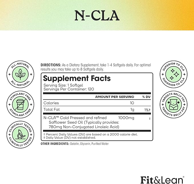 Fit & Lean N-CLA, Weight Loss Supplement, Reduces Belly Fat Better Than CLA, Boost Metabolism, Supports Lean Muscle, Stimulant Free, Non Conjugated Linoleic Acid, 120 Servings (Packaging May Vary)