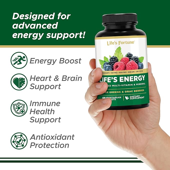 Life's Fortune Life's Energy Advanced Multi-Vitamin and Mineral for Men & Women, Non-GMO - Super Greens - ORAC Berries - AntiOxidants - Enzymes - Iron Free - GMP Tested, 60 Veggie Tablets