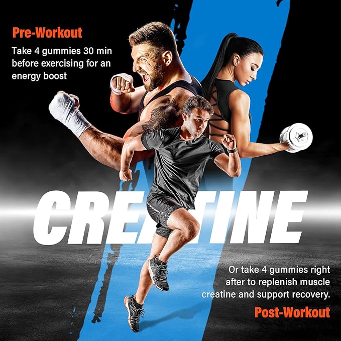 Creatine Monohydrate Gummies 5000mg for Men & Women, Gomitas de Creatina 5g Creatine Monohydrate,0g Sugar Chewables Creatine Pre-Workout for Muscle Strength, Vegan (Strawberry and Blueberry)