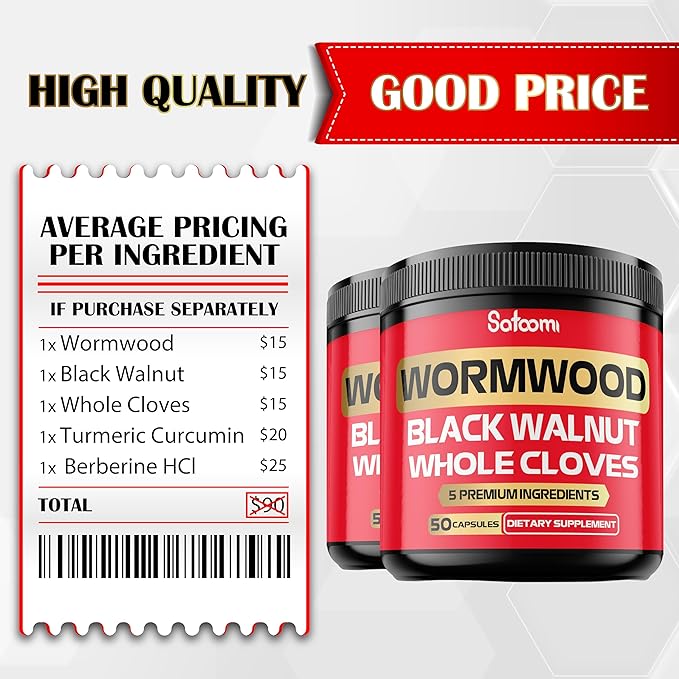 Satoomi [2 Packs - 50 Capsules - 5 in 1 Wormwood Capsules Supplement - Extracted from Black Walnut Whole Cloves Turmeric and Berberine HCl Immune System & Digestion Health
