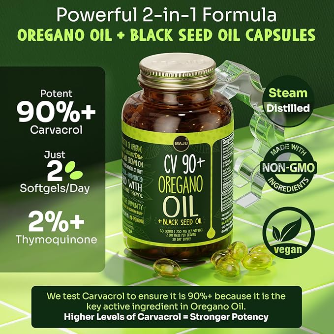 Maju Superfoods Oil of Oregano with Black Seed Oil Capsules, 2-in-1 Softgel, Potent 90%+ Carvacrol, High Thymoquinone, 60 Count, 500mg per Serving, Wild Oregano and Black Seeds
