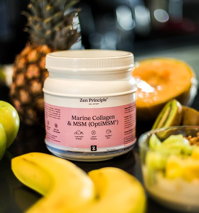 Zen Principle Marine Collagen Peptides Powder with OptiMSM® Supplement. Clinically Tested for Skin Support. Wild-Caught Fish, Non-GMO. Container 16 oz