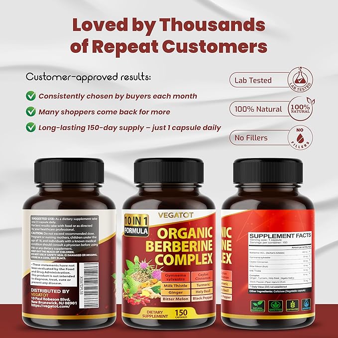 VEGATOT GlucoSavior Berberine Supplement with Ceylon Cinnamon, Bitter Melon, Gymnema - Supports Immune, Heart Health & Gastrointestinal Function - Made in The USA (150 Count (Pack of 1))