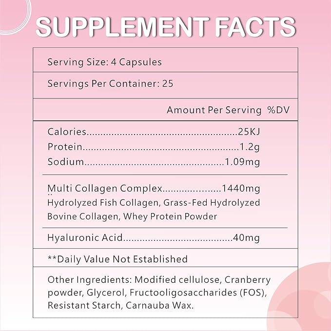 Collagen Peptides Capsule,Naturally Sourced Hydrolyzed Collagen with prebiotic & Cranberry Extract - Hair, Skin, Nail, Joint, Digestive Health & Immune Support, Non-GMO, 100 Capsule.