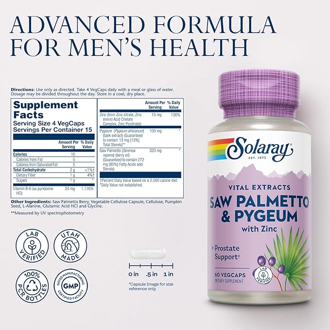 SOLARAY Saw Palmetto and Pygeum - Saw Palmetto for Men and Pygeum Bark - with Zinc, Vitamin B6, Pumpkin Seed and Amino Acids - Prostate Supplements for Men w/Beta Sitosterol (60 VegCaps)