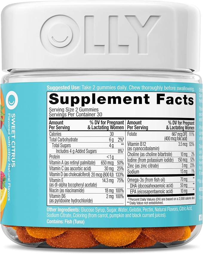 OLLY Prenatal Multivitamin Gummy, Supports Healthy Growth and Brain Development, Folic Acid, Vitamin D, Omega 3 DHA, Chewable Supplement, Citrus Berry Flavor, 30 Day Supply - 60 Count
