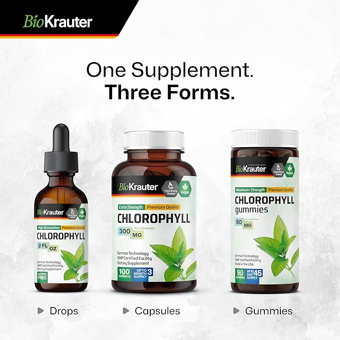 BIO KRAUTER Liquid Chlorophyll Drops - Cleanse & Immune Support - Internal Deodorant - Sodium Copper Chlorophyllin Extract Supplement - 2 fl oz