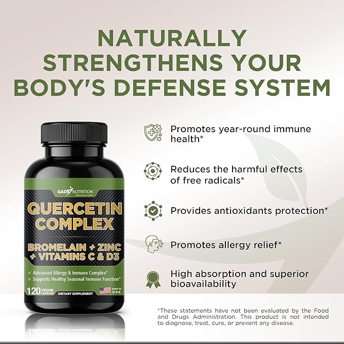 Gade Nutrition Organic Quercetin with Bromelain Vitamin C and Zinc | Immune Support Supplement Quercetin 500mg Capsules | Bioflavonoids Made in USA Third Party Tested