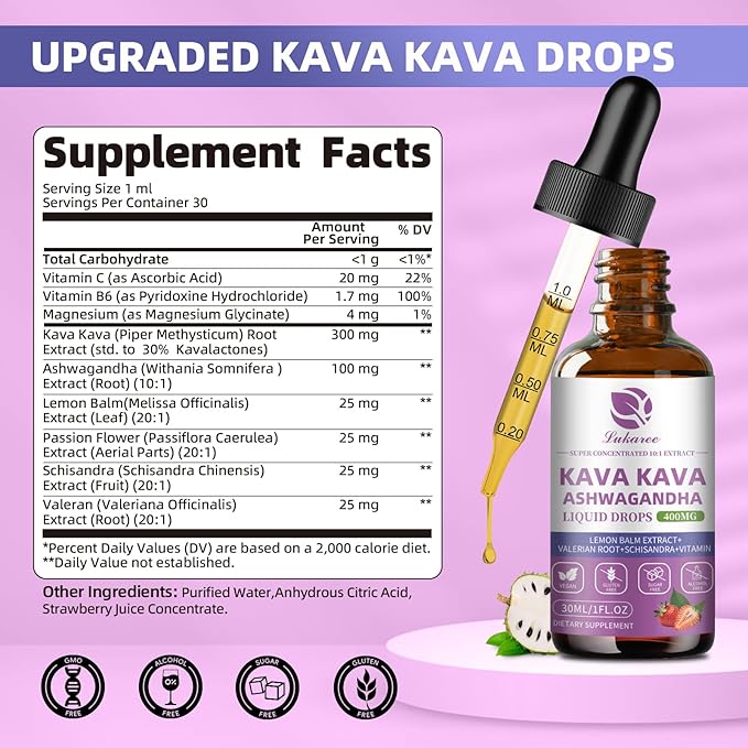 (1 pack) Kava Kava Root Extract Supplement - Calming High Concentration Kava w/ Ashwagandha, Lemon Balm, Valerian Root for Relaxation, Liver, Cognitive Support & Immune System,Vegan, Alcohol-Free