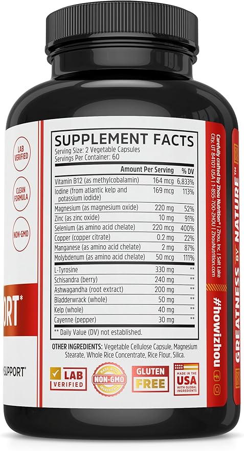 Zhou Thyroid Support - Thyroid Supplement for Women & Men with Zinc, Iodine & Selenium, Metabolic Health Thyroid Complex, Antioxidant Support with Aswagandha & Kelp - 120 Veggie Capsules
