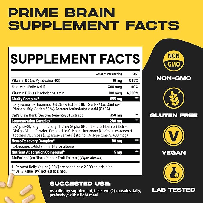 Prime Brain Nootropic Supplement | Supports Memory, Mental Focus, Cognitive Health & Energy | Promotes Healthy Mood & Brain Function | Ginkgo Biloba, Lion's Mane & L Theanine | 90 Capsules