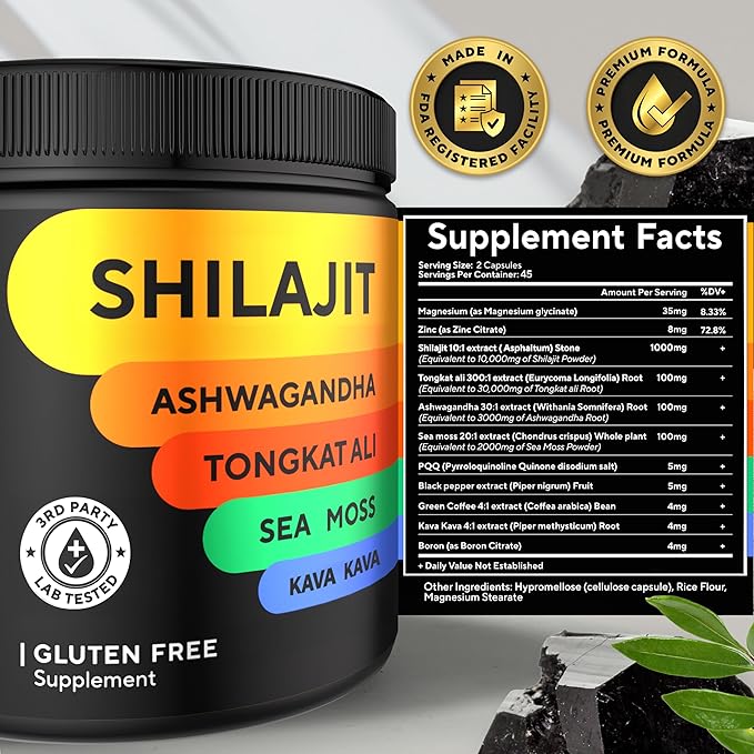 Shilajit Capsules 10 in 1 with Kava Kava - USA Made Himalayan Shilajit for Men with Tongkat Ali, Ashwagandha, Kava Kava for Energy & Immunity Support - 90 Count