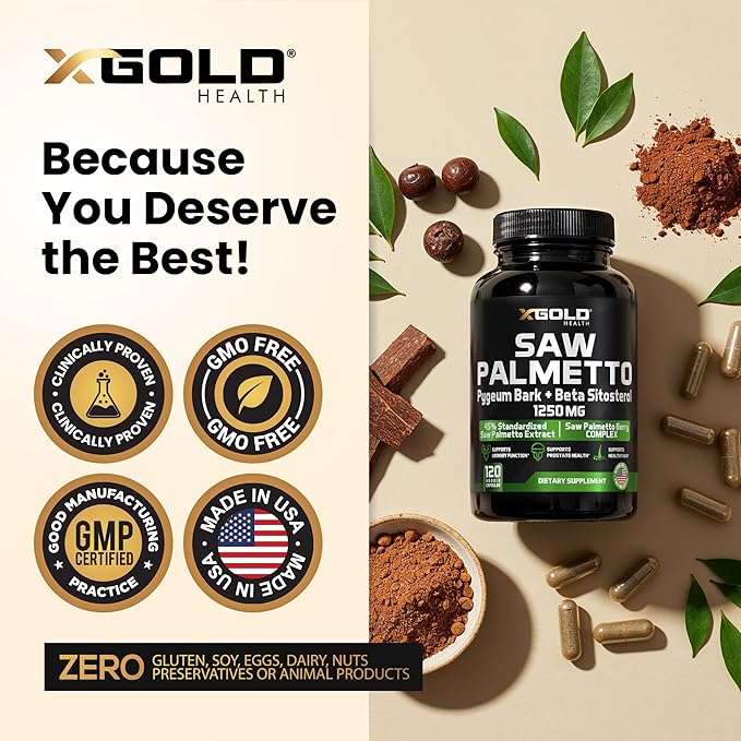 X Gold Health Saw Palmetto Prostate Supplement for Men | Pygeum Bark | Beta Sitosterol Supplement | Potent 3X Formula | Urinary Function Prostate | DHT Blocker Hair Growth | 4 Month Supply Male Pills