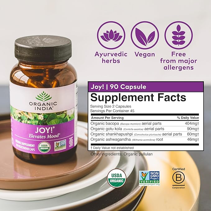 ORGANIC INDIA Joy Herbal Supplement - Immune Support, Promotes Memory & Concentration, Vegan, Gluten-Free, Kosher, USDA Certified Organic, Non-GMO, Calming - 90 Capsules