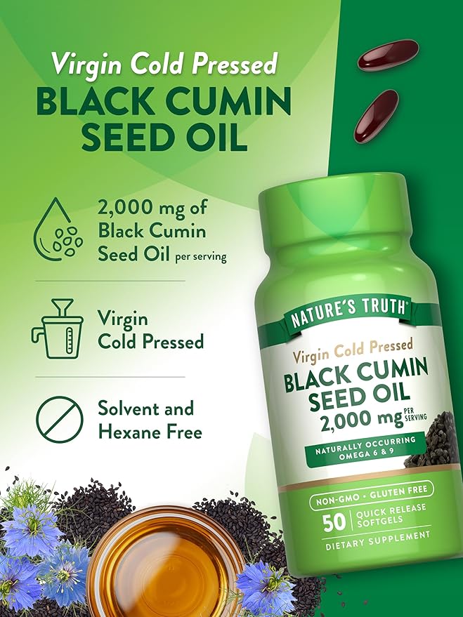 Nature's Truth Black Cumin Seed Oil 2000 mg | 50 Softgels | Cold Pressed Pills | Non-GMO, Gluten Free