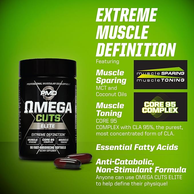 PMD Sports Omega Cuts Elite Fat Loss-Muscle Defining Formula - Omega Fatty Acids, MCT's and CLA for Muscle Definition and Maintenance - Keto Friendly for Women and Men - Stimulant Free (90 Softgels)