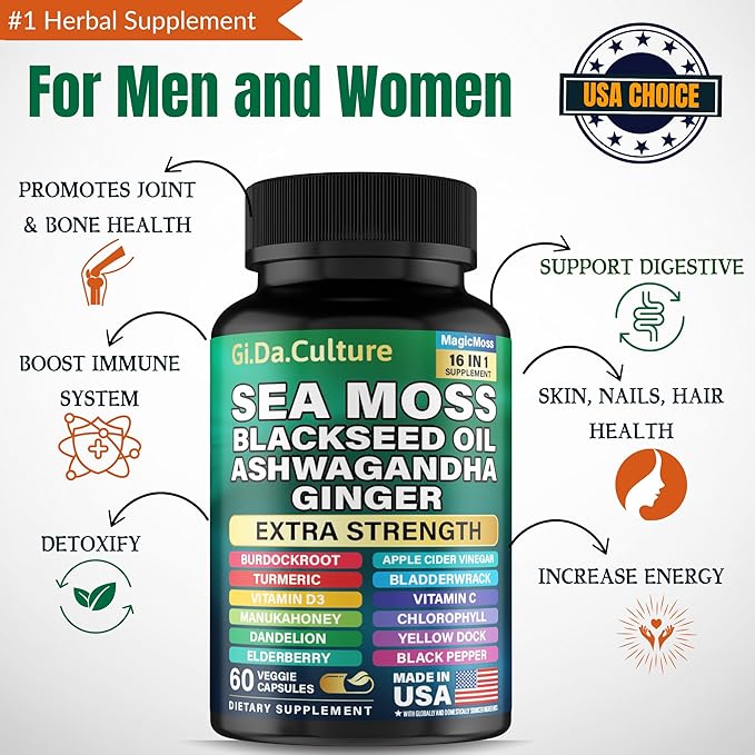 Sea Moss and Shilajit Bundle - Shilajit and Sea Moss Combo with Ashwagandha Black Seed Oil Turmeric Bladderwrack Burdock Root Black Pepper with Vitamins and Antioxidants - 60 Day Supply