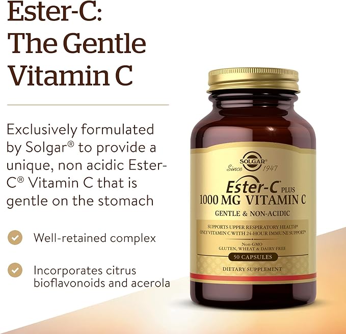 Solgar Ester-C Plus 1000 mg Vitamin C with Citrus Bioflavonoids - 50 Capsules - Gentle & Non Acidic - 24-Hour Immune Support, Supports Upper Respiratory Health - Non-GMO, Gluten Free - 50 Servings