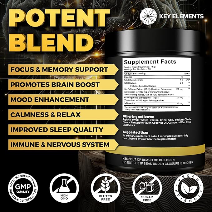 KEY ELEMENTS High Strength Extract Organic Lion's Mane Mushroom Gummies with Ashwagandha & L-Theanine - Potent Lion's Mane Brain Supplements for Memory & Relaxation - Mushroom Gummies for Focus