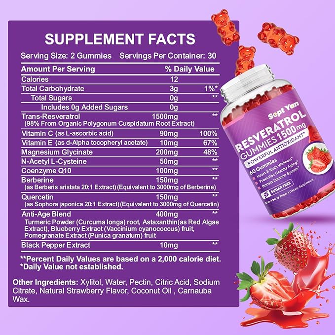 Resveratrol Gummies 1500mg - Resveratrol Supplement with NAC, Vitamin C, E, Quercetin, Berberine, CoQ10, Antioxidant, Healthy Aging & Longevity, Skin, Joint, Brain Wellness - 60 Gummies