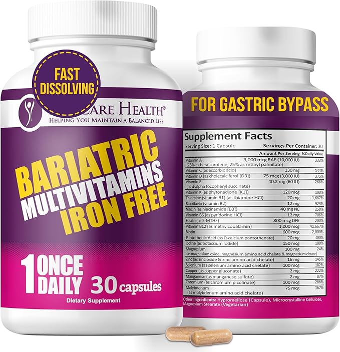 Procare Health Bariatric Multivitamin with Iron Free (30 Fast Dissolving Veggie Capsule) - Bariatric Vitamins for Gastric Sleeve & Gastric Bypass, Bariatric Multivitamin Without Iron (1 Month Supply)*