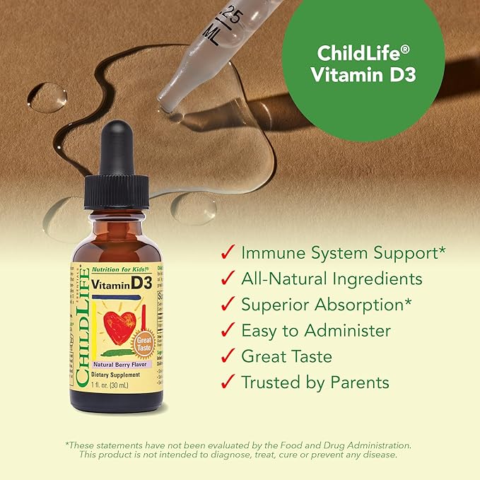 CHILDLIFE Essentials Vitamin D3 Drops for Kids, Children, & Toddlers - Liquid Vitamin D Drops, 500 IU per Drop, Immune & Bone Health Support, Natural Berry - 1 Fl Oz (Pack of 2)