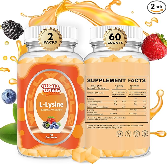L-Lysine Gummies 1000mg - L-Lysine Supplements for Kids and Adults - Lip and Cold Sore* Support for Women - Chewable Lysine Gummies with Vitamin B12 - Vegan, Non GMO, Gluten-Free, 120 Counts