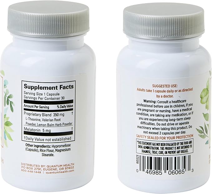 Quantum Health Extra Strength Sleep Melatonin 5mg Healthy Restful Sleep Support with Relaxing Valerian Root & L Theanine Daily Mind & Body Well Being for Women & Men - 30 Capsules