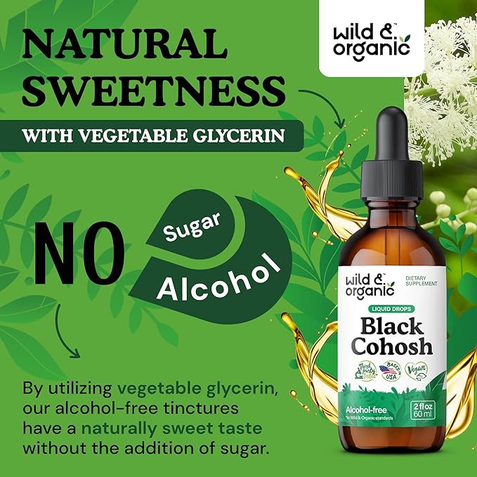 Wild & Organic Black Cohosh Liquid Drops 540 mg - Herbal Supplements for Women - Liquid Black Cohosh Extract Tincture - 2-Month Supply - Vegan, Sugar & Alcohol-Free - 2 fl oz