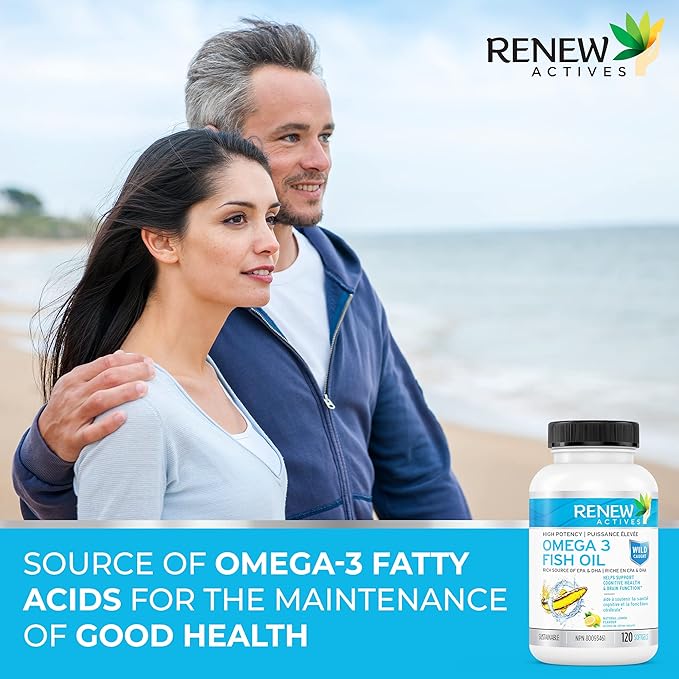 Renew Actives Omega-3 Fish Oil 2400MG per 2 Softgels - 720MG EPA & DHA - Supports Heart, Brain, Eye Health, & Triglyceride Reduction - No Fishy Aftertaste - Made in Canada - 120 Softgels