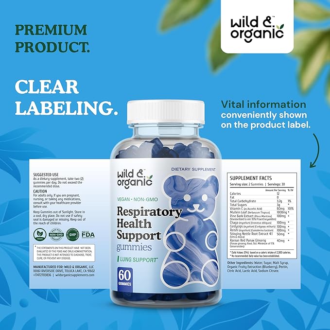 Wild & Organic Lung Detox Gummies - 1000 mg Mullein Gummies for Lungs Cleanse - Natural Supplements with Mullein Leaf Extract and Mushroom Blend - 60 Vegan, Non-GMO Chews