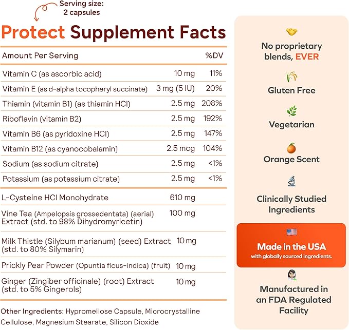 Cheers Protect | Daily Liver Supplement for Drinkers with L-Cysteine + DHM | Increase Glutathione Levels | 60 Doses | Cysteine, Dihydromyricetin, Milk Thistle, Prickly Pear, B-Vitamins, Ginger