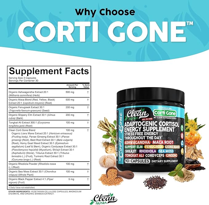 Corti Gone Cortisol Supplements For Women | Maca Root Ashwagandha Cortisol Detox Manager Reducer + Slippery Elm Fenugreek Lions Mane Shilajit Rhodiola Sea Moss Tongkat Ali Cordyceps Ginseng Beet Root