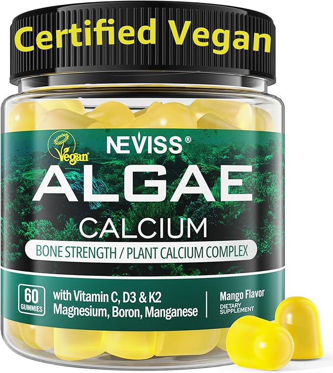 Calcium Gummies for Women, Sugar Free Calcium Supplement from Sustainable Algae (3rd Party Tested) with Vitamin D3 K2, C, Zinc, Boron, Manganese for Bone Strength, Calcium Absoption, Vegan, 60 Counts
