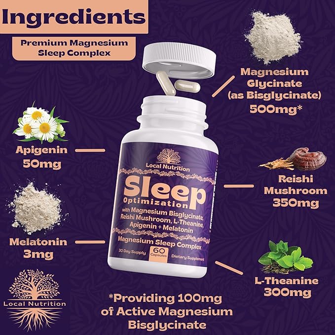 Natural Sleep Aid with Magnesium Glycinate 500mg Reishi Mushroom 350mg L-Theanine 300mg Apigenin 50mg Melatonin 3mg - Magnesium Sleep Supplement for Deep Sleep, Sleep Support - 60 Capsules Made in USA