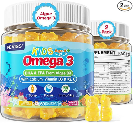 Kids Omega 3 Gummies with Calcium, Vitamin D3 & K2, C, Omega-3 DHA Gummies for Focus and Memory, Bone Health & Immune Support, Kids Omega3 Supplement - No Fish Taste, Non-GMO, Chewable, 2 Pack