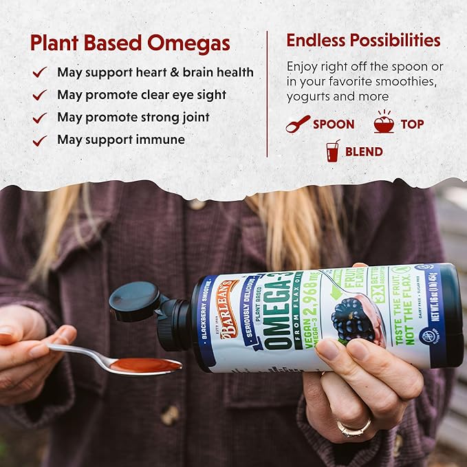 Barlean's BlackBerry Flaxseed Oil Liquid, Vegan Omega 3 6 9 Supplements for Kids and Adults with 2,968 mg of Vegan Omegas, Non-GMO and Gluten Free, 16 oz