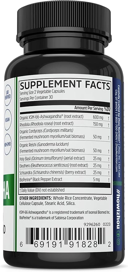Zhou Nutrition Ashwagandha Capsules, Blend of Rhodiola, Holy Basil, Cordyceps, Reishi & Ashwagandha Supplement, 30 Servings, 60 Capsules