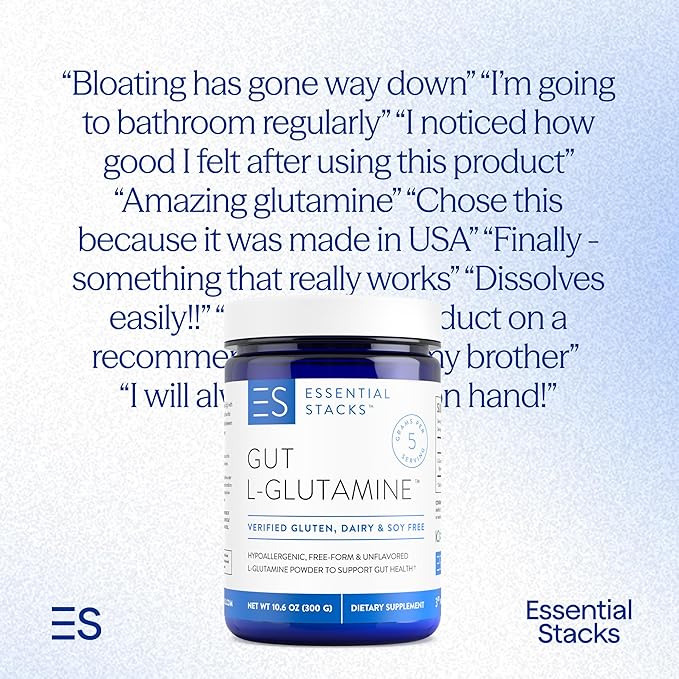 Essential Stacks Gut L-Glutamine Powder - Exclusively Made in USA - Pure L Glutamine Powder for Gut Health (60 Servings, Unflavored)